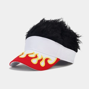 Detailed embroidery of red and yellow flames on a white baseball cap with black wig