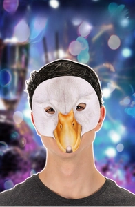 Detail of white goose masquerade mask showing feather textures and yellow beak for party props