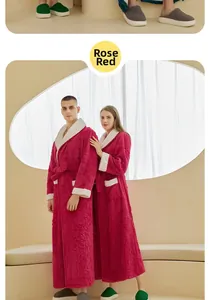 Close-up of rose red double-layer flannel bathrobe with soft white faux shearling trim