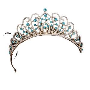 Elegant gold crown headpiece featuring sparkling crystals and light blue gemstones