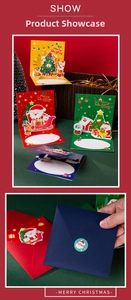 Detail of 3D Christmas pop-up cards set featuring Santa, tree, and matching envelopes