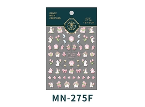 Close-up of 3D embossed nail stickers featuring pink tulips, white rabbits and hearts
