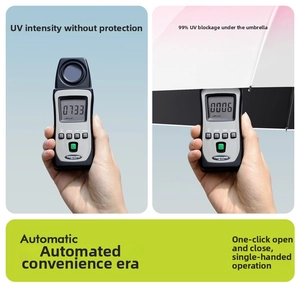 Detail showing 99% UV protection test on an automatic folding umbrella canopy
