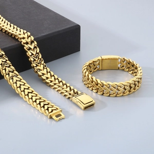 Heavy Braid Woven Chain Necklace And Bracelet 316L Stainless Steel 18K Gold Plated Hip Hop Punk For Men