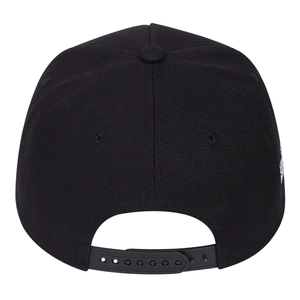 Rear view of black cotton baseball cap showing adjustable snapback closure and stitching
