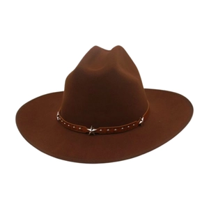 Chapeau de jazz en laine marron de style western avec ruban en cuir à clous étoiles