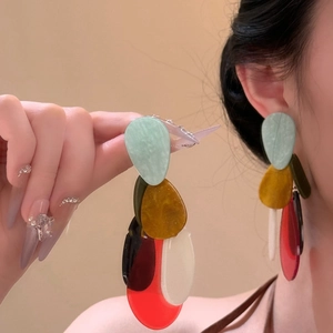 Bohemian acrylic colorful tassel teardrop earrings featuring layered multi-color resin drops