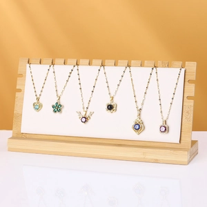 Necklace Display Stand Bamboo Wood Desktop Jewelry Organizer Velvet Leather Multi Slot Pendant Holder L Shape Rack