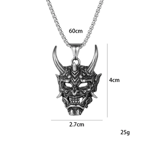 Silver Hannya mask pendant necklace for men with 60cm chain and 4cm ghost mask charm