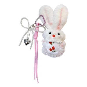 Porte-clés lapin en peluche avec nœud de perles et jolie robe fraise, charmant cadeau.