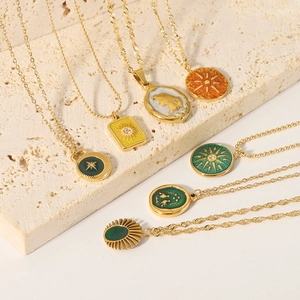 French retro gold plated stainless steel necklaces with colorful enamel pendants