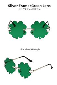 Detail of shamrock party sunglasses with silver metal frames and green clover lenses