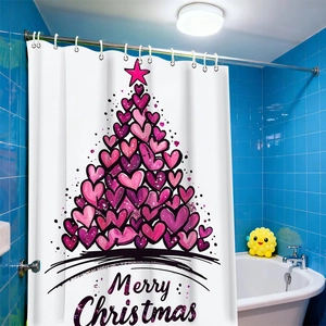Close-up of waffle weave shower curtain featuring a pink heart Christmas tree design