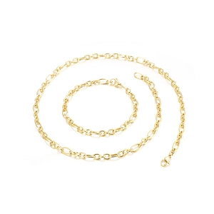 Golden hip-hop style stainless steel chain necklace and bracelet set on white background