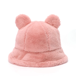 Close-up of pink faux rabbit fur bucket hat featuring cute 3D bear ears for winter