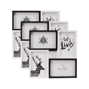 Modern black and white 10-frame collage photo wall with minimalist Nordic art prints