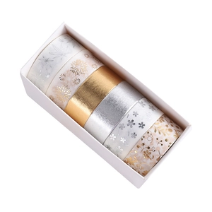 6-roll gold and silver foil washi tape set with floral and leaf patterns in white box