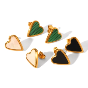 Three pairs of heart-shaped stainless steel earrings in green, white and black acrylic