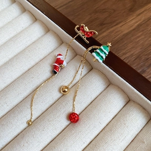 Christmas snowflake earrings with Santa on sled and green tree with golden tassels