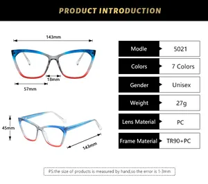 Size chart showing TR90 cat eye frame dimensions and material specs for model 5021