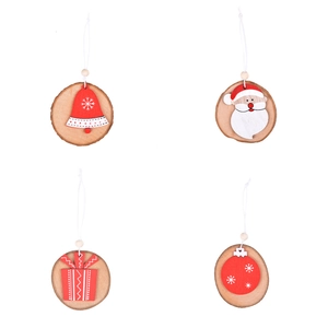 Set of 4 Christmas wooden ornaments featuring Santa, bell, gift box, and snowflake ball
