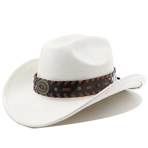 Detail view of white suede cowboy hat with brown leather band and bronze metal buckle