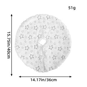 Detailed view of white faux fur Christmas tree skirt with silver stars and dimensions