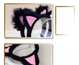 Close-up of plush faux fur cat ear headbands in black and pink with fluffy textures