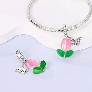 Tulip flower and pink butterfly pendant charm crafted in copper for beaded charm bracelets