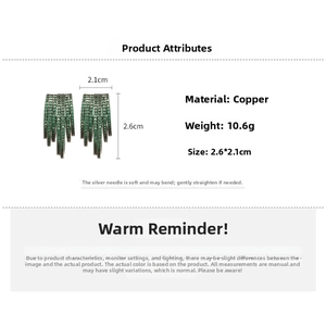 Detail view of multi-layer C-shaped emerald earrings with copper base and silver pins