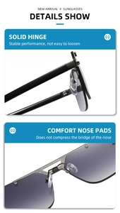 Close-up of reinforced metal hinges and comfortable nose pads on frameless sunglasses