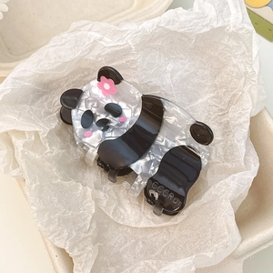Cute panda hair claw clip with pink flower detail in pearlescent acetate finish