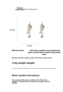 Detailed view of long bow tassel earrings with 925 silver needle and zircon accents