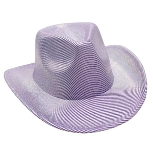 Detailed close-up of purple glittery cowboy hat featuring a shiny laser-textured finish