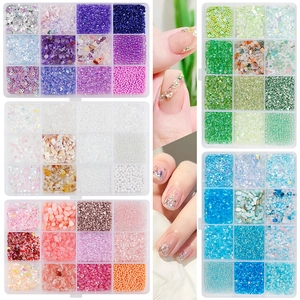 12-grid nail art decoration kit with multi-color sequins, crushed stones and pearls