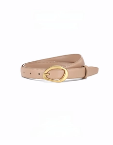 Close-up of khaki genuine leather belt with a modern irregular gold-tone buckle
