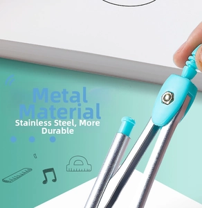 Detail of durable stainless steel drafting compass with blue grip for students