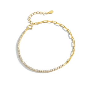 Gold paperclip tennis chain bracelet with micro-paved zircons and S925 sterling silver stamp