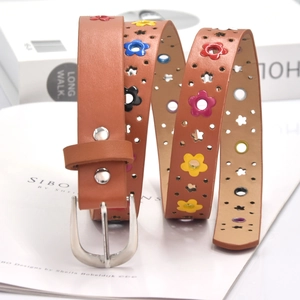 Brown leather belt with colorful flower cutouts and silver pin buckle for women