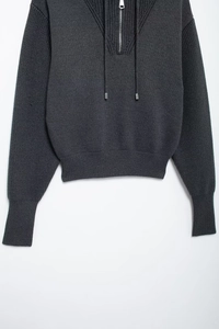 Close-up of dark grey knit hoodie with half-zipper collar and detailed ribbed texture