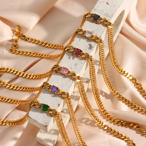 18K gold plated 6.5mm Cuban link necklaces with round colorful zircon stones on silk