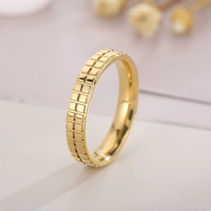 Detailed macro view of 18k gold plated stainless steel ring with grid pattern texture