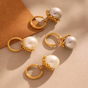 18k gold plated stainless steel hoop earrings with large shell pearls in white and silver