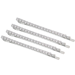 Set of four silver rhinestone hair clips with sparkling crystals on white background