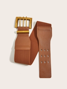 Retro brown elastic waist belt with a wide design and a golden three-pin metal buckle