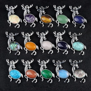 Alloy elk brooch pendants with natural crystal and semi-precious stones in 15 styles