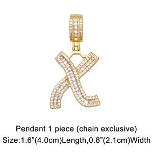 Detailed view of gold X letter pendant with zircon stones showing 4.0cm height size