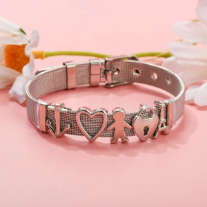 Silver stainless steel mesh bracelet with anchor, heart, and Eiffel tower charms