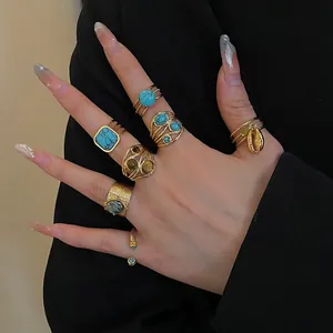 18k gold plated stainless steel teardrop rings with colorful gemstones in boho style