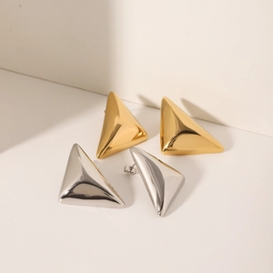 Minimalist polished stainless steel 3D triangle stud earrings in gold and silver set